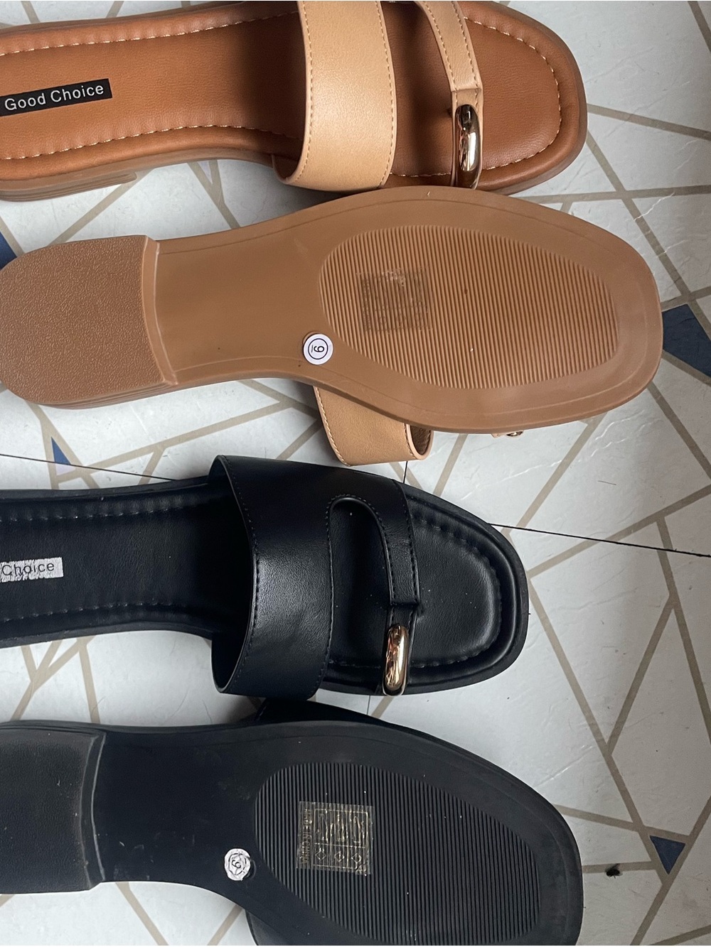 Good Choice Slide Sandals in Black and Tan with Metal Accent